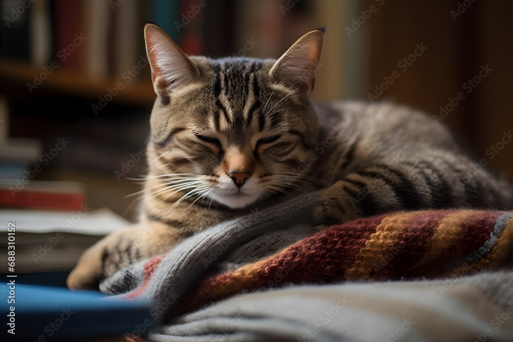 A brown tabby cat sleeping on a pile of books, wrapped in a knitted sweater (Generative AI)