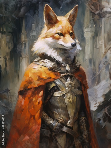 Oil painting Fox prince on knight armor outfit. Very impressive, thoughtful and bold illustrations. Suitable for wall art, gifts