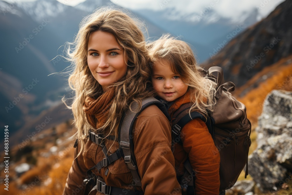 Fototapeta premium A mother with a baby in a carrier travels through the mountains. An active lifestyle.
