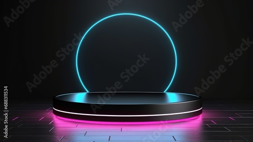 Futuristic podium with glowing neon circle