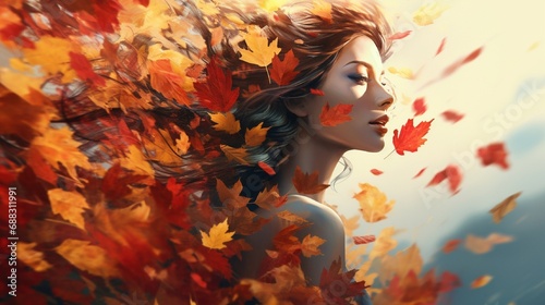 Craft an AI-generated visual displaying an enchanting blend of a female profile and the vibrant hues of autumn leaves, depicting a captivating double exposure scene.