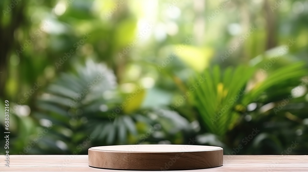 Wooden podium in lush jungle setting Wooden podium in lush jungle setting