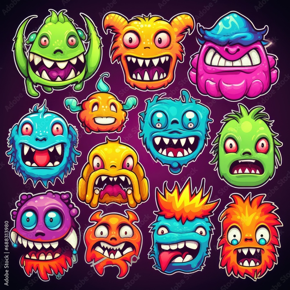 Obraz premium Collection of monster sticker illustrations, AI generated Image