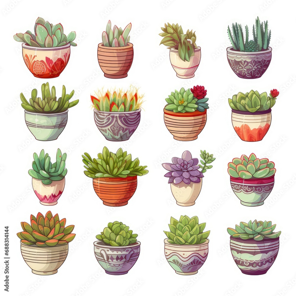 Fototapeta premium Collection of succulent illustrations, AI generated Image