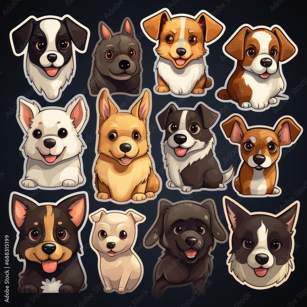 Collection of dog sticker illustrations, AI generated Image