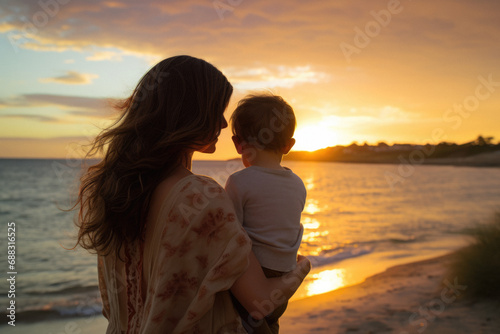 woman and her beautiful cute baby in the sunset beachside setting