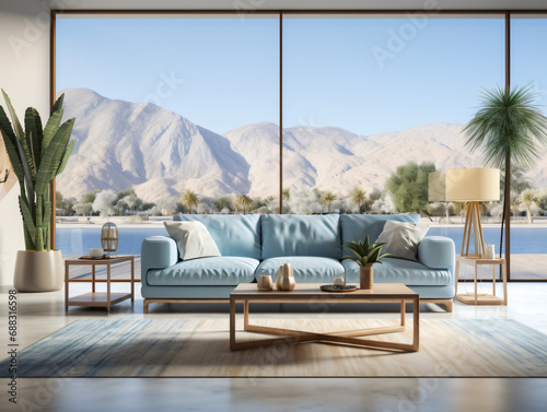 Contemporary living room, blue furniture, plants and decor, carpet, large windows with desert landscape on the exterior.