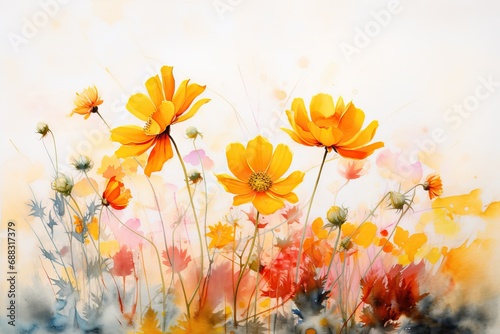 paper watercolor painted mix image flowers cosmos Yellow blossom flower paint pink green background soft abstract art bright texture colourful graphic colours © akkash jpg