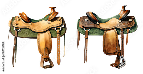 Western saddle, watercolor clipart illustration with isolated background photo