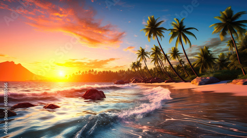 Paradise Island Escape: A Scenic and Relaxing Sunset Beach with Palm Trees and an Ocean View