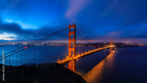 Beautiful panoramic view of Golden Gate Bridge at night in San Francisco, California