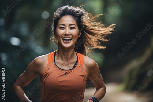 Energetic Female Runner Enjoying a Forest Trail Run 