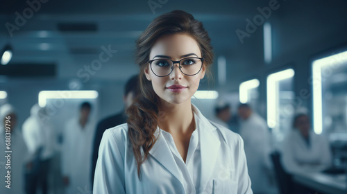 Portrait of a beautiful young female doctor, 25 years old, wearing a white coat and glasses in a modern medical science laboratory.