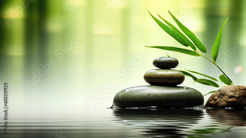 Zen garden scene with bamboo, stones, water and soft blur effect