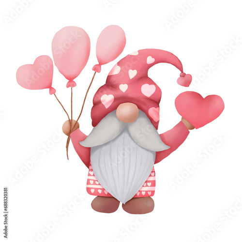 Watercolor cute pink valentines gnome. Cartoon love character illustration. Valentine's day greeting, card, invitation, flyer