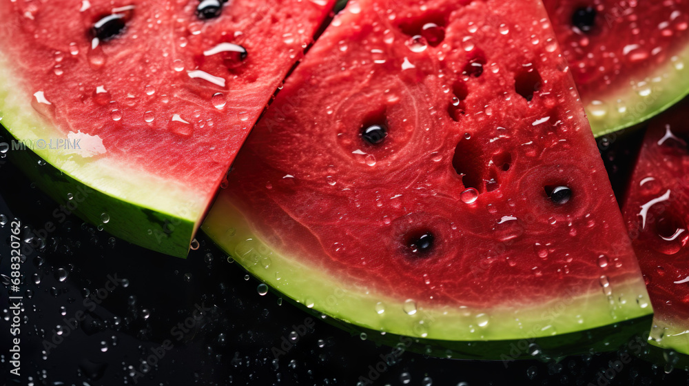 Watermelon cut into pieces Surrounded by water drops The watermelon was on the table, delicious and delicious. Watermelon cut into pieces Surrounded by water drops The watermelon was on the table, delicious and delicious.
