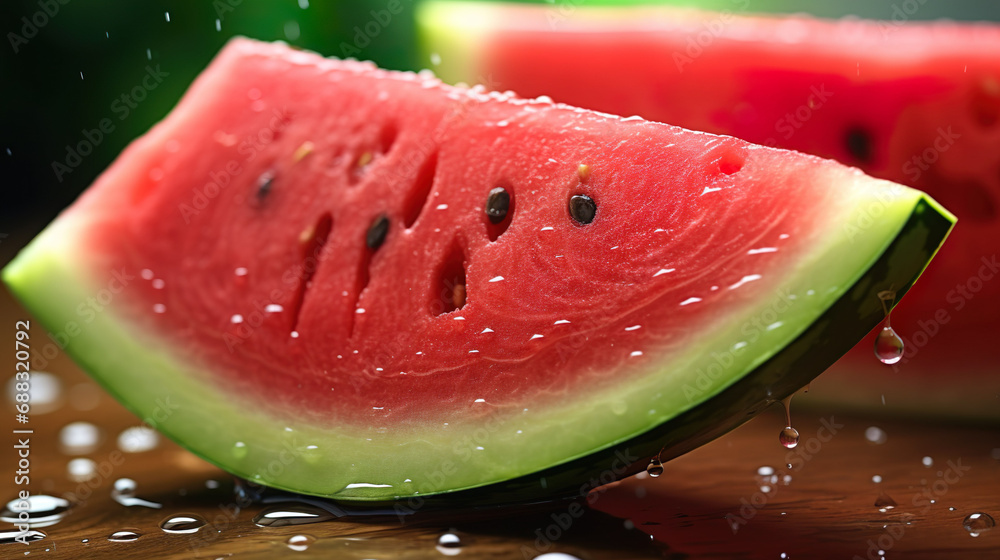 Watermelon cut into pieces Surrounded by water drops The watermelon was on the table, delicious and delicious. Watermelon cut into pieces Surrounded by water drops The watermelon was on the table, delicious and delicious.