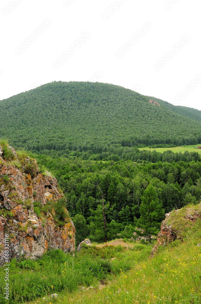 A look through a stone crevice in the mountains to the slope of a high mountain overgrown with dense coniferous forest.