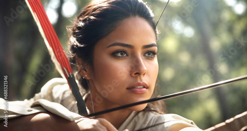 A beautiful light-eyed brunette woman practicing aiming a bow. Archer in competition. Concept of sport and healthy life.