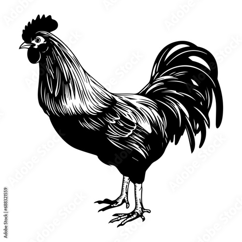 chicken full body, Chicken black icon on white background, Rooster silhouette, Generative AI.