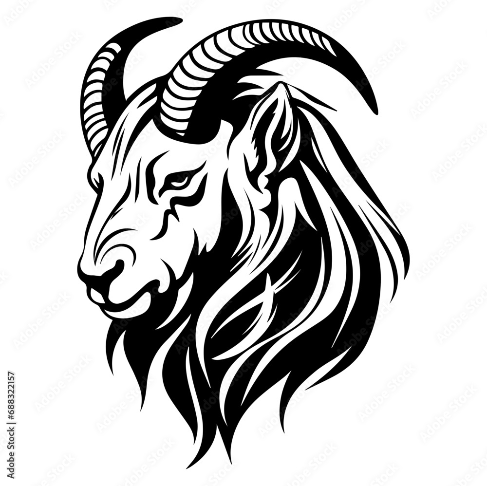 Obraz premium Capricorn head zodiac sign, goat illustration tattoos, Generative AI.