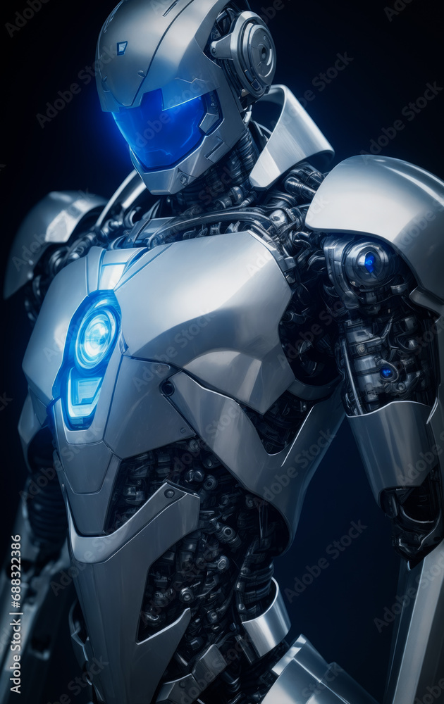 A robot with full metal body armor. A killer warrior robot from the future. He is wearing blue colored mask and metal helmet. A robot with full metal body armor. A killer warrior robot from the future. He is wearing blue colored mask and metal helmet.