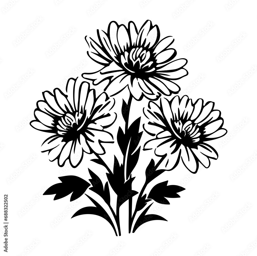 Aster florals hand drawn sketch, Generative AI. Aster florals hand drawn sketch, Generative AI.