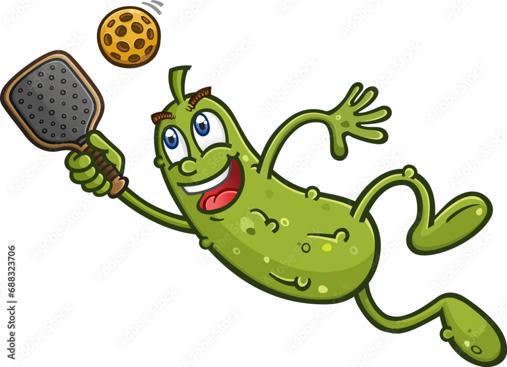 Dill pickle cartoon character leaping and diving to hit a rogue