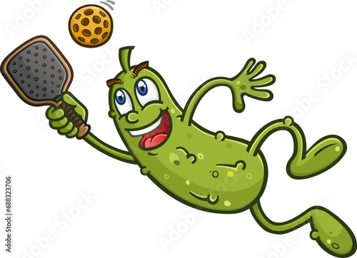 Dill pickle cartoon character leaping and diving to hit a rogue pickleball from an impressive opponent during a match on the court vector clip art