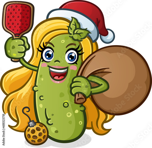 Christmas pickle girl cartoon character holding pickleball paddle and ball with a big sack of presents and toys for all the good girls and boys vector clip art