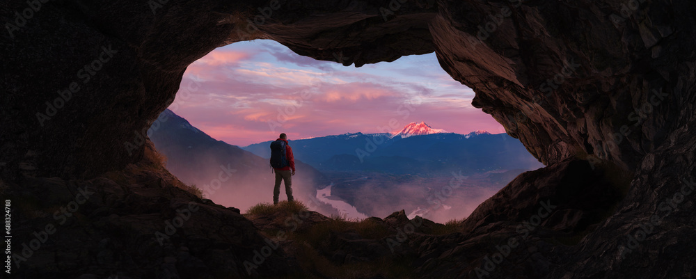 Adventurous Man Hiker standing in a cave. River and Mountains in background. Adventure Composite 3d Rendering - obrazy, fototapety, plakaty 
