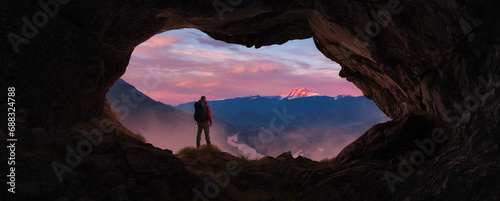 Adventurous Man Hiker standing in a cave. River and Mountains in background. Adventure Composite 3d Rendering photo