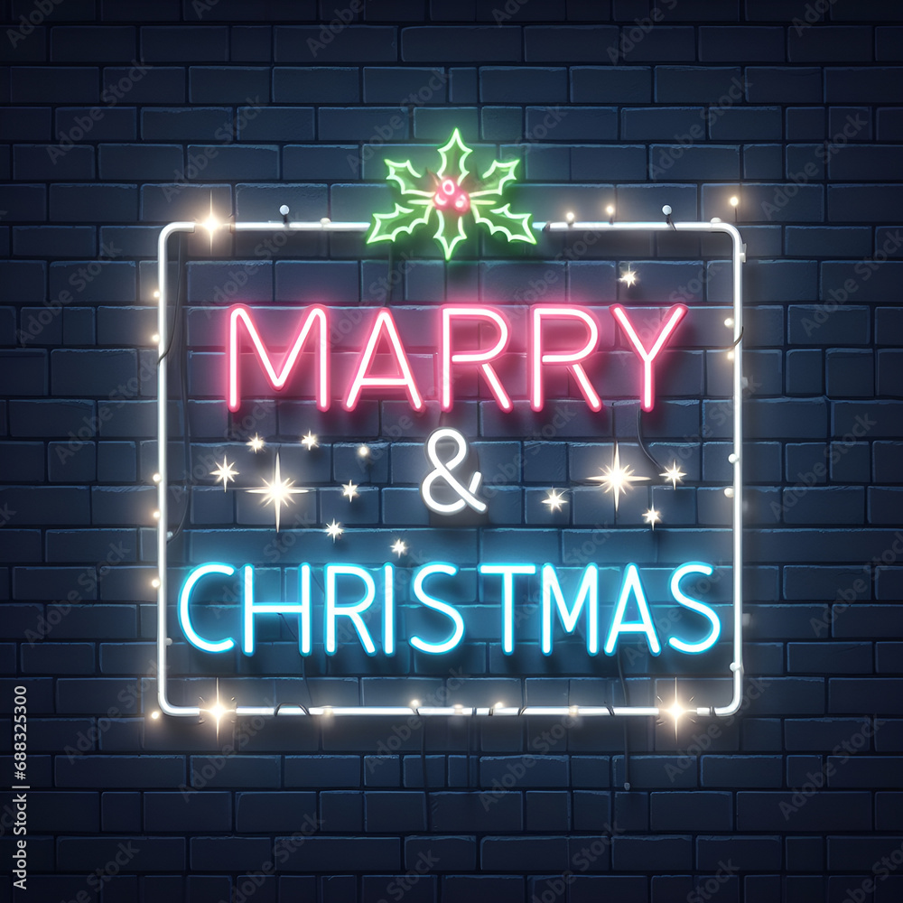 Obraz premium Neon light interior with Merry Christmas written on it. Generative AI