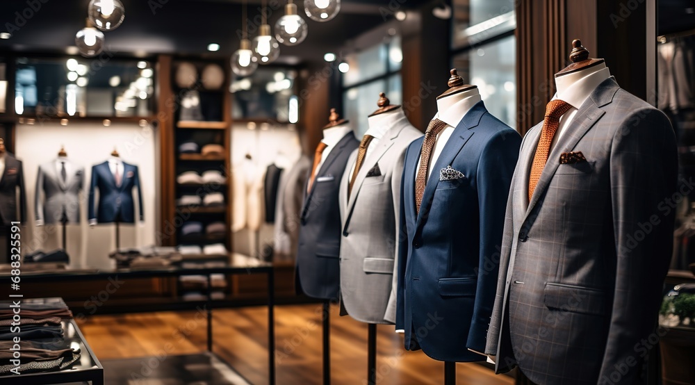 Elegant suits on display in men's clothing store Elegant suits on display in men's clothing store