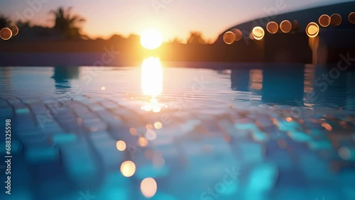 Vibrant closeup of the infinity pools edge, showcasing the intricate tile work and glistening water beneath the vibrant sunset. photo