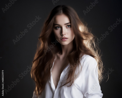 A beautiful young woman in a white shirt open at the chest