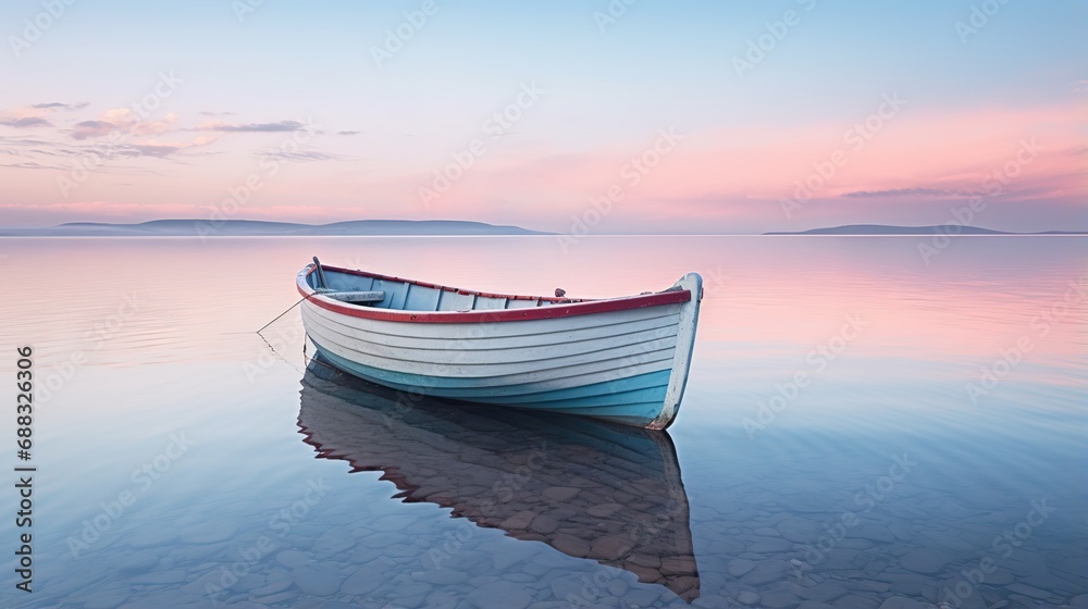 Tranquil scene with boat on calm waters at sunset
