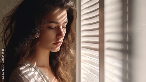 A beautiful  girl lost in thoughts and looking out of window  photo