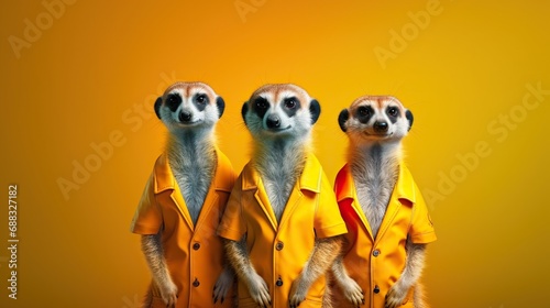 3 funny meerkat on yellow background 