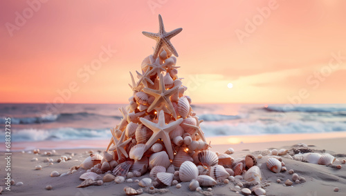 Beach shell christmas tree sea shells at sunset photo