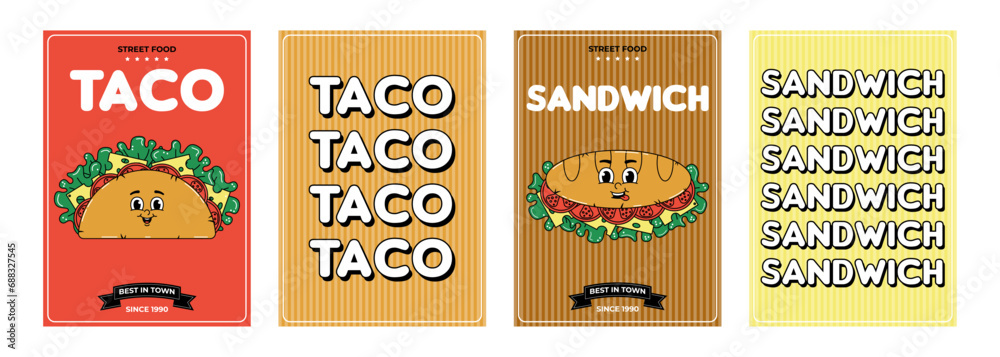 Fototapeta premium Retro groovy cartoon character fast food posters set. Vintage mascot taco and sandwich with psychedelic smile and emotion. Funky vector illustration