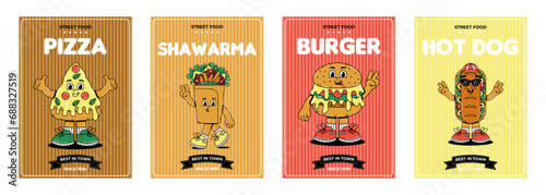 Retro groovy cartoon character fast food posters set. Vintage mascot pizza, Hamburger, hot dog, buritto with psychedelic smile and emotion. Funky vector illustration