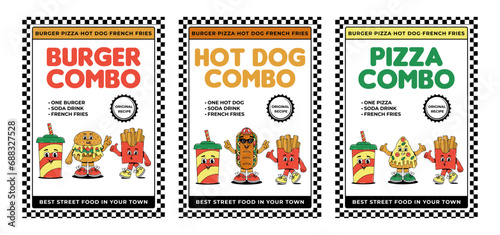 Retro groovy cartoon character fast food posters set. Vintage mascot Hamburger, Pizza, Hot dog, drink, french fries with psychedelic smile and emotion. Funky vector illustration