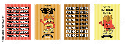 Retro groovy cartoon character fast food posters set. Vintage mascot chicken wings in bucket, french fries with psychedelic smile and emotion. Funky vector illustration photo