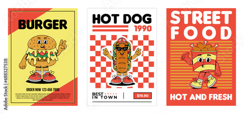 Retro groovy cartoon character fast food posters set. Vintage mascot Hamburger, hot dog, chicken wings in bucket with psychedelic smile and emotion. Funky vector illustration