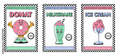 Retro groovy cartoon character fast food posters set. Vintage mascot ice cream, milkshake, donat with psychedelic smile and emotion. Funky vector illustration