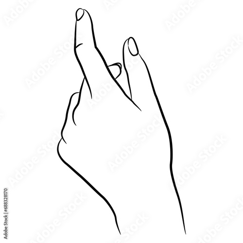 Beautiful female hand with pointing index finger. Elegant gesture. Black and white linear silhouette. Cartoon style.