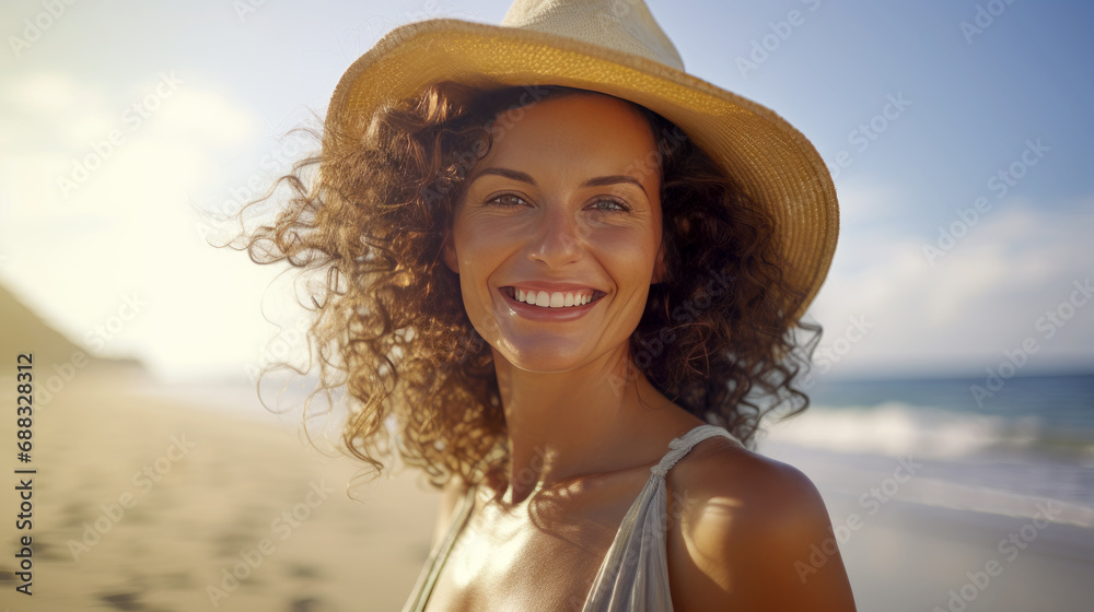 Young woman with straw hat on beach