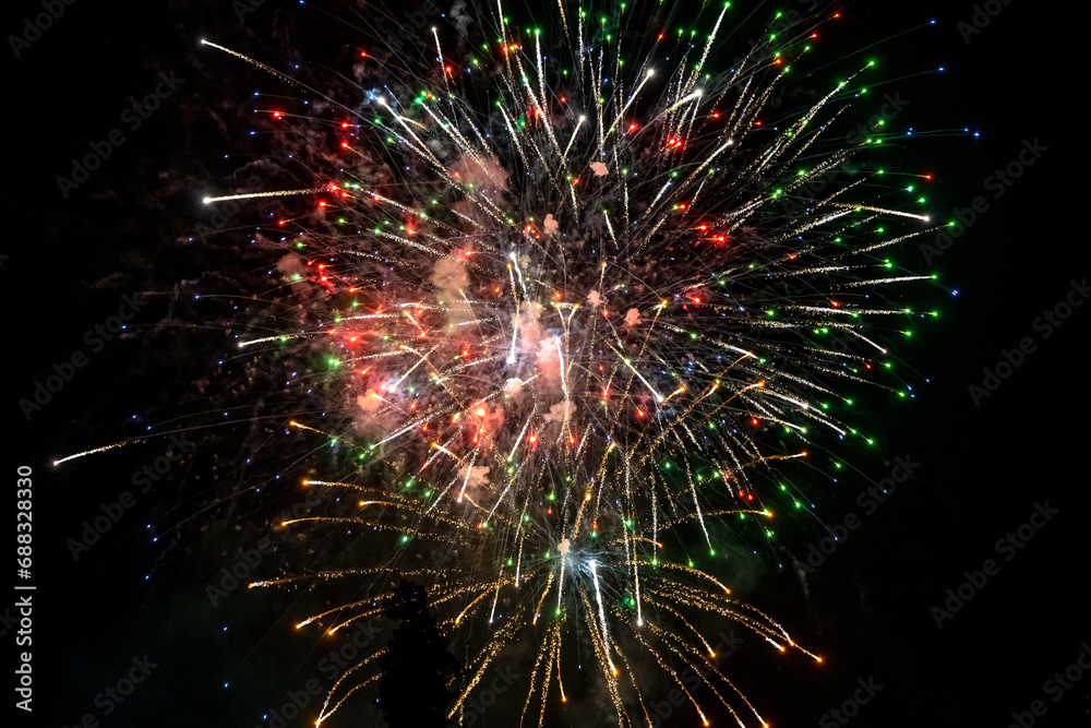 Holiday fireworks explode in the night sky. Selective focus. Holiday fireworks explode in the night sky. Selective focus.