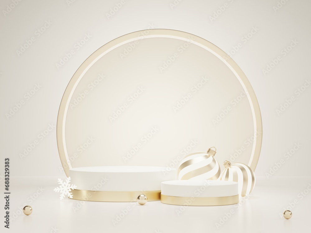 3D rendering white and gold product display stands and golden baubles on white or light beige background. Luxury Christmas product presentation scene. 3D rendering white and gold product display stands and golden baubles on white or light beige background. Luxury Christmas product presentation scene.